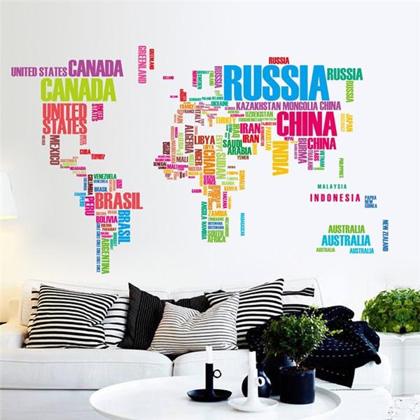 

140X85CM Colorful World Map Wall Stickers Large English Alphabet Removable Decal