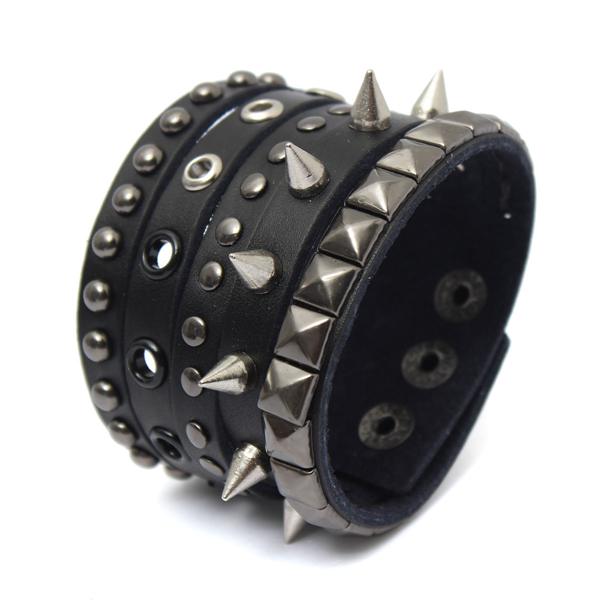 Rock Punk Rivets Spike PU Leather Wide Wristband Bracelet For Men at ...