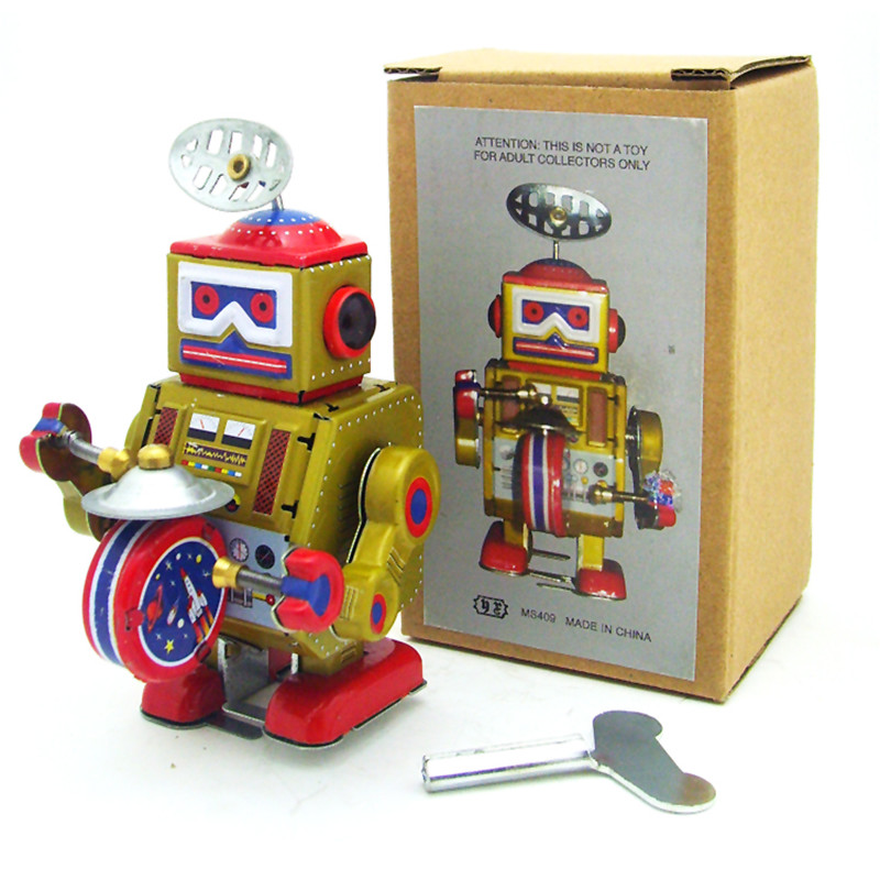 MS409 GOLD ROBOT DRUMMER TIN TOY WIND UP VINTAGE REPRODUCTION RETRO 