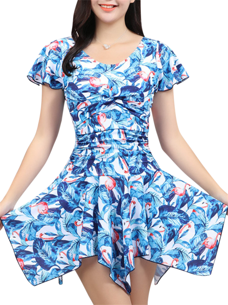 

Plus Size Colorful Ruffle Floral Printing Wireless Swimdress Tankinis With Shorts