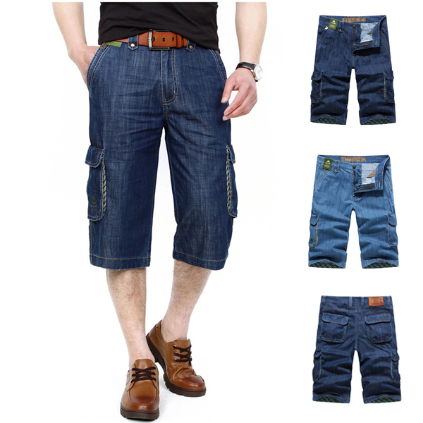 AFSJEEP Mens Multi-pocket Cargo Denim Shorts Size30-44