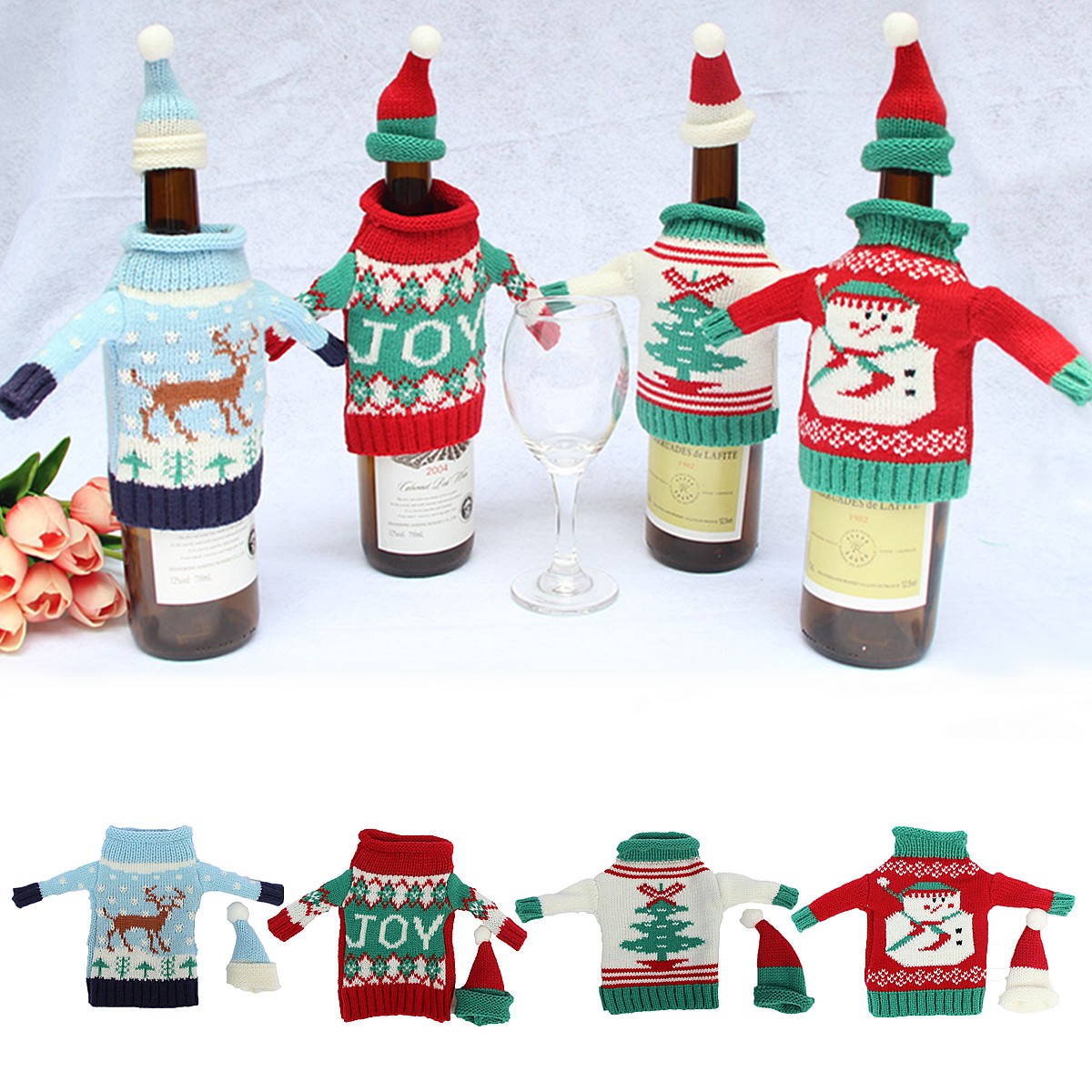 Christmas Knitted Sweater Lid Hat Wine Bottle Cover Wrap Bag Xmas Decoration - Photo: 3