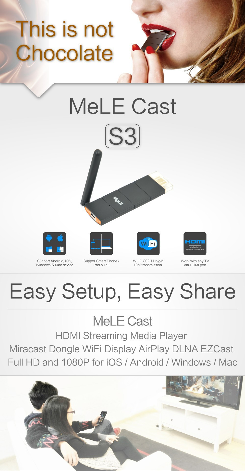 MeLE S3 Wireless HDMI Dongle Cast Smart TV Stick AirPlay Miracast Mirror For Android iOS Windows