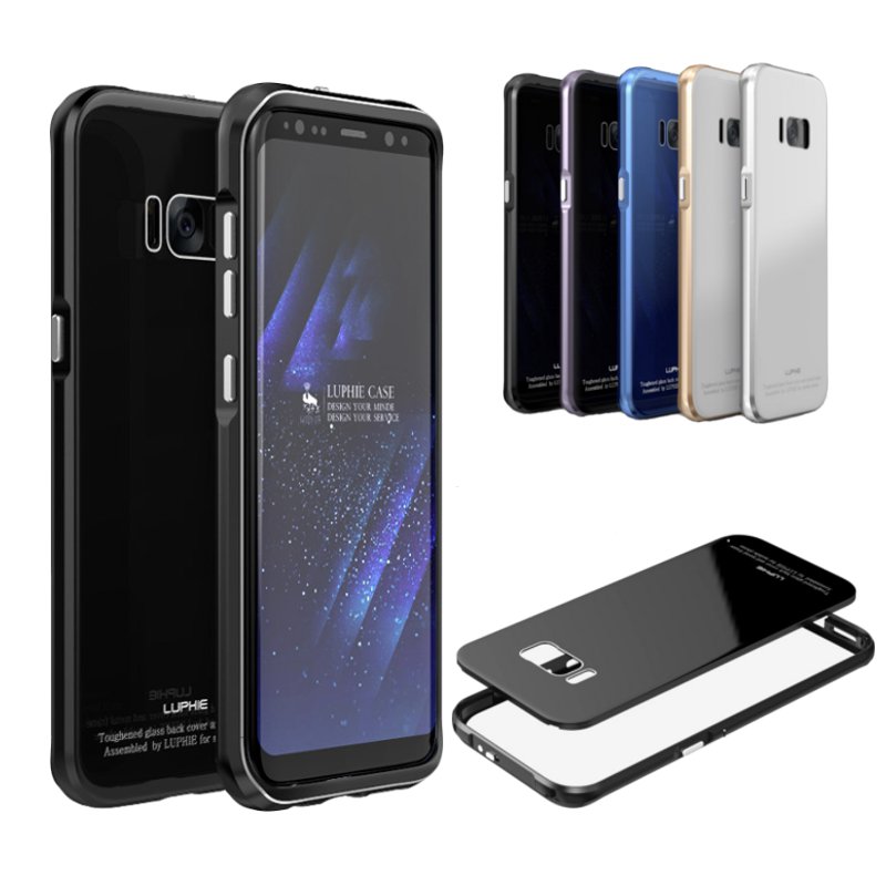 

Luphie Ultra Thin Anti Knock Metal Bumper+Colored 9H Tempered Glass Back Cover Case For Samsung Galaxy S8 5.8"