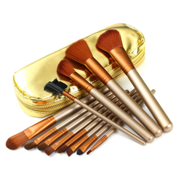 

12Pcs Gold Professional Makeup Blush Eye Shadow Eyeliner Brush Set with Zipper Leather Bag Kit