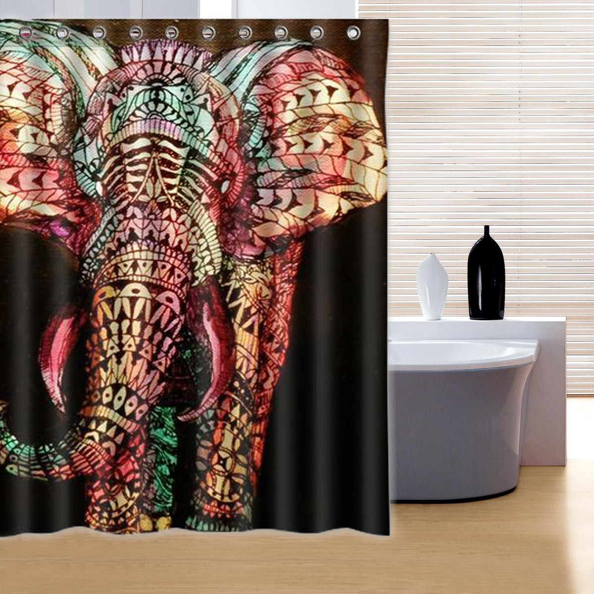 Africa Elephant With Flower Fabric Shower Curtain Waterproof Bathroom & 12 Hooks 