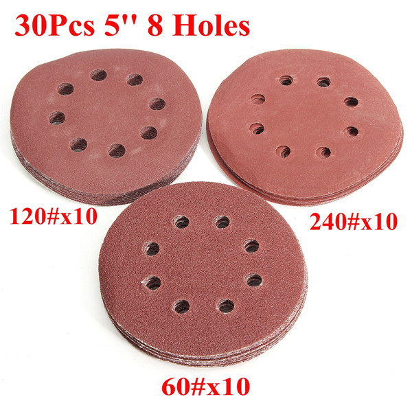 

30pcs 5 Inch 8 Holes Abrasive Sanding Discs Sanding Paper 60/120/240 Grit Sandpapers