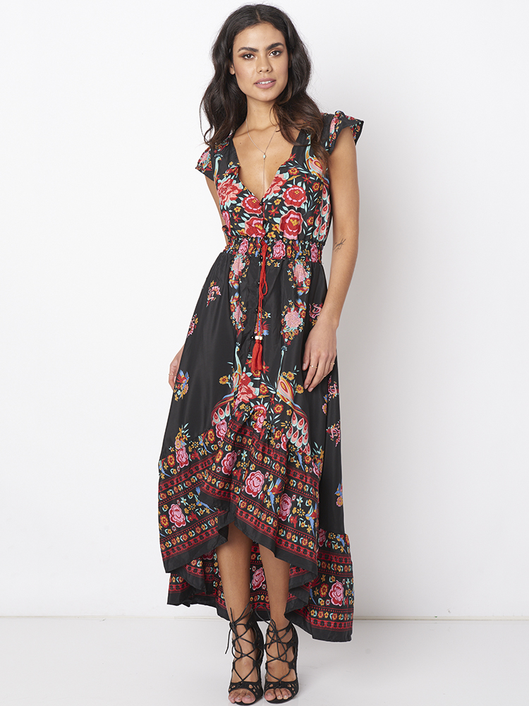 

Gracila Ethnic Style Floral Printed Short Sleeve Deep V-neck Dress For Women