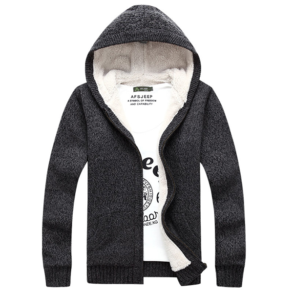 Men’s Knitted Polar Fleece Hooded Sweaters Thicken Slim Cut Casual ...