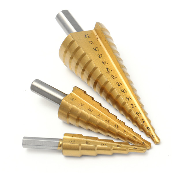 3pc High Speed Steel Spiral Step Cone Drill Bit Hole Cutter 4-12/20/32mm Tool UK 
