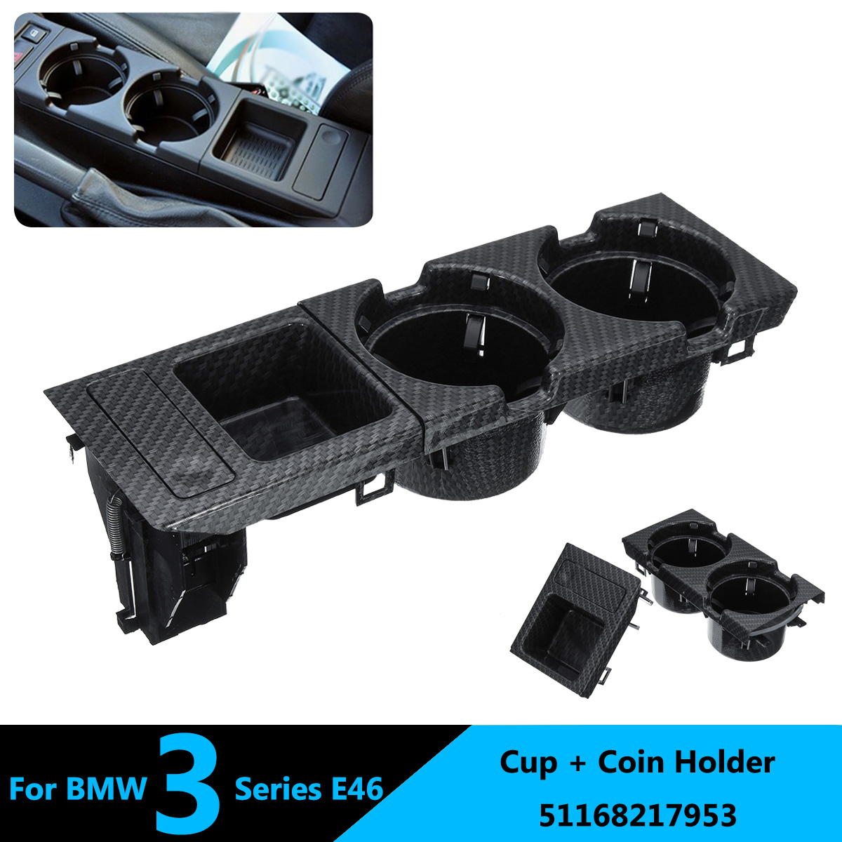 Carbon Fiber Look Console Coin Holder For 99-06 BMW E46 323i 325i 328i 330i M3