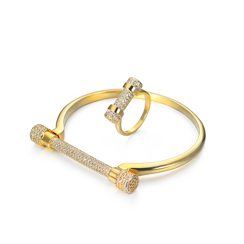 

24K Gold Plated Fashion Simple Round Lock Shiny Zircon Inlay Jewelry Set Bracelet Ring for Women