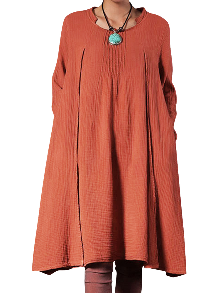 

O-Newe L-5XL Casual Women Pure Color Long Sleeve Ruffled Dress