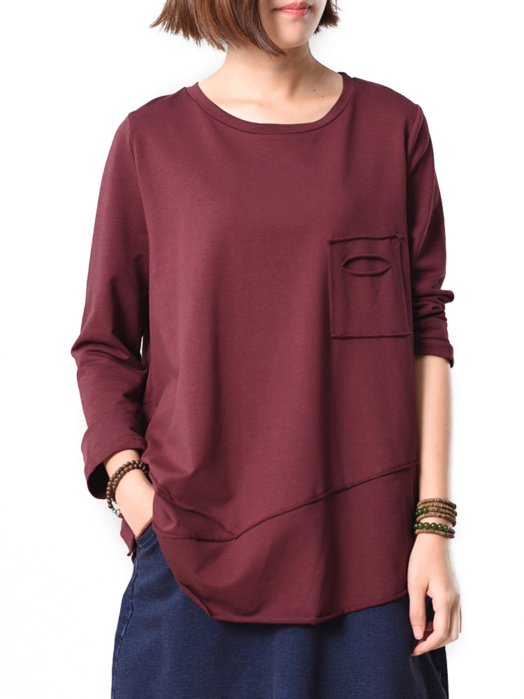 

O-NEWE L-5XL Casual Women Pure Color Pocket Irregular T-Shirt