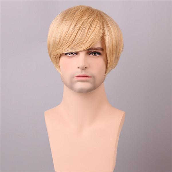 

Golden Brown with Blonde Short Human Hair Wig Men Male Mono Top Virgin Remy Capless Side Bang