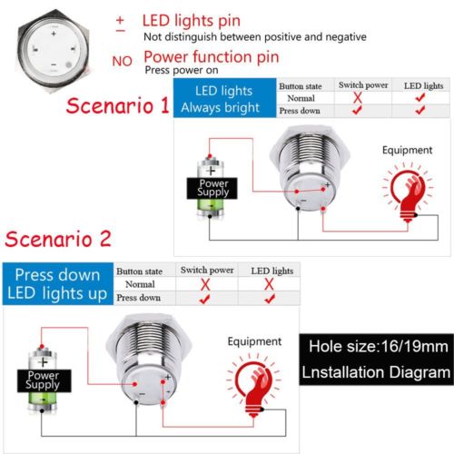 5 Color 16mm Round Momentary Push Button Switch Self-Lock LED Linght 5-Pins 12V 