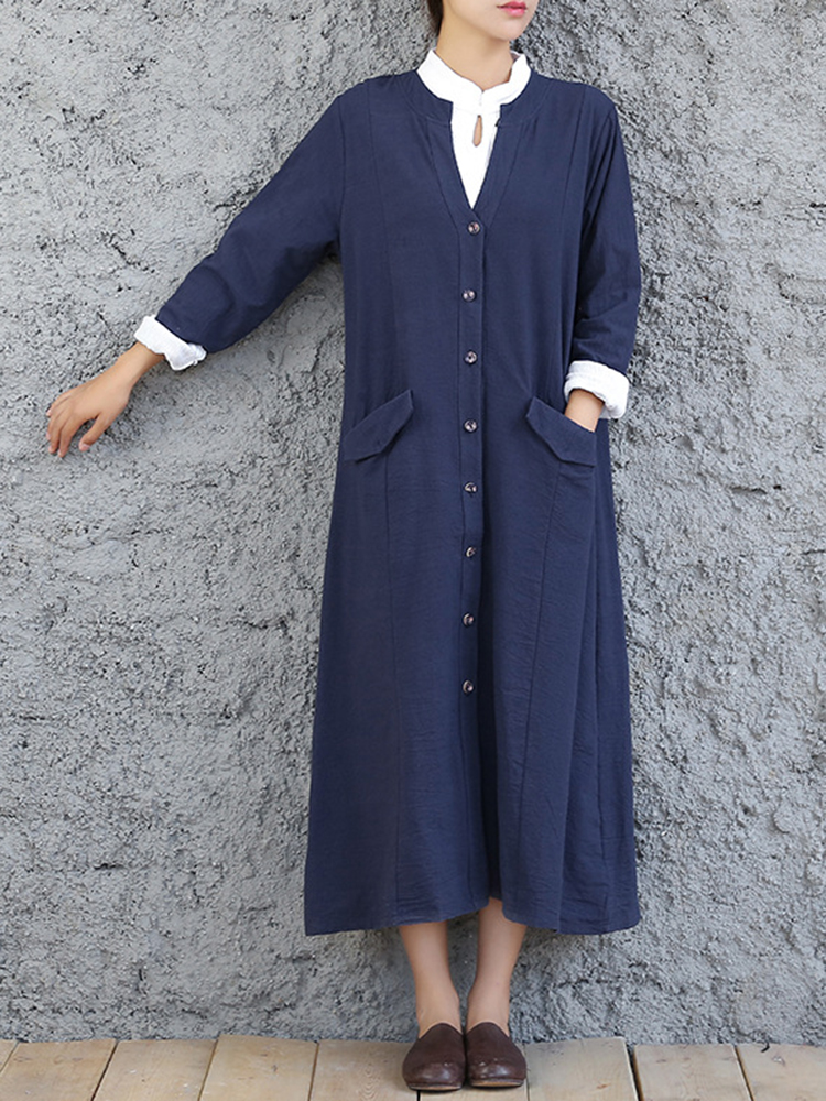 Vintage Women Pockets Long Sleeve Long Coats