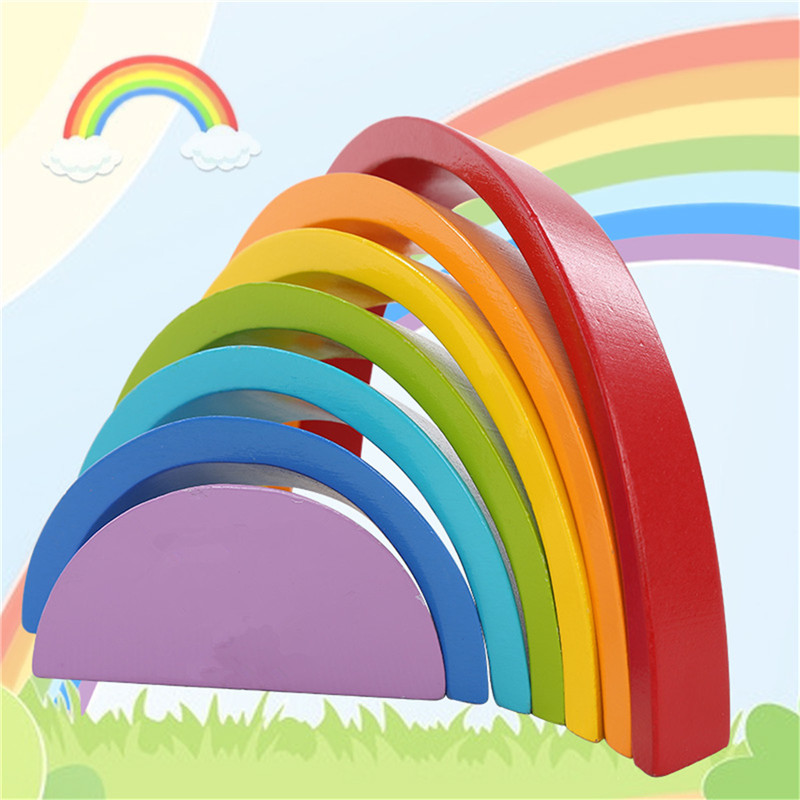 Rainbow Shape 7 Color Wooden Stacking Brick Kids Childrens Educational Toy Set Q 