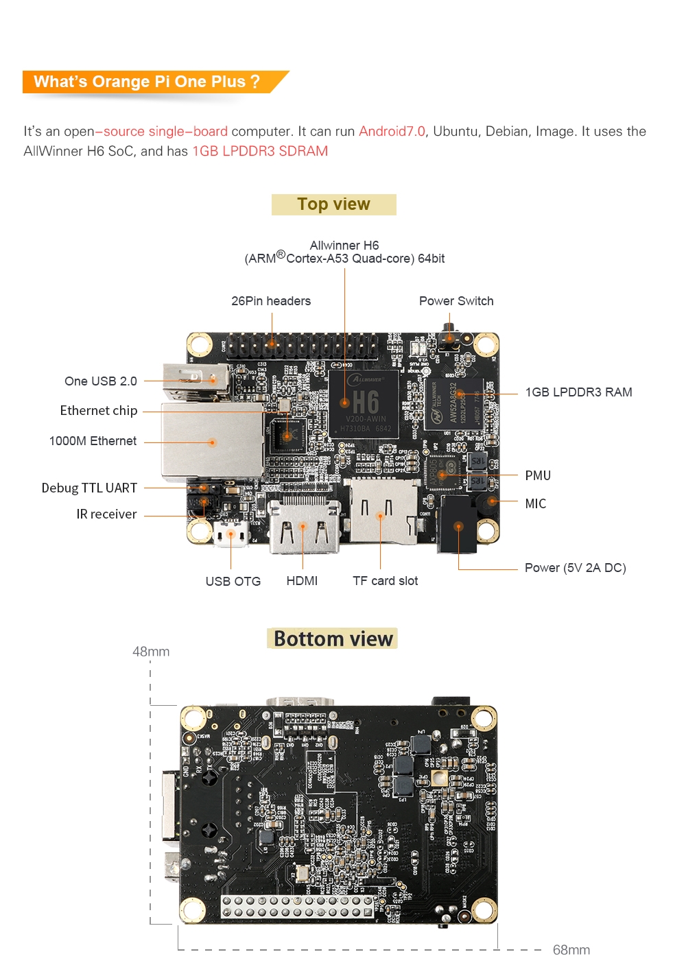 Orange Pi Lite 2/one plus h6 desarrollo Board quad-core 64bit 1gb ddr3 a3ge brazo