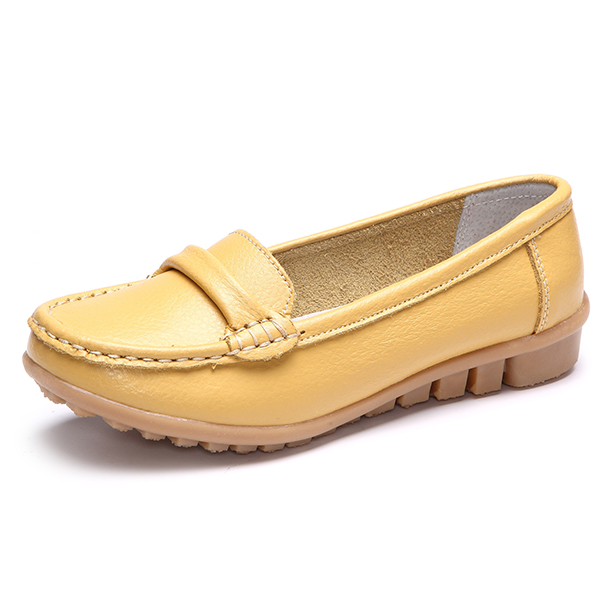 Casual Round Toe Slip On Soft Leather Pure Color Flat Shoes - US$33.81