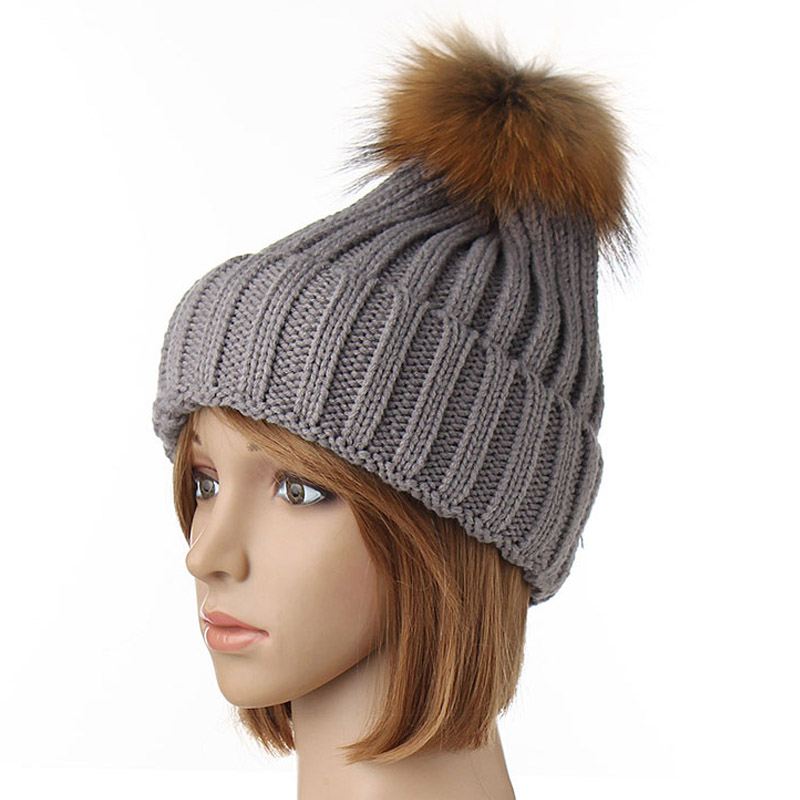 

Women Fur Ball Knitting Beanie Beret Cap Winter Warm Vogue Ski Baggy Hat