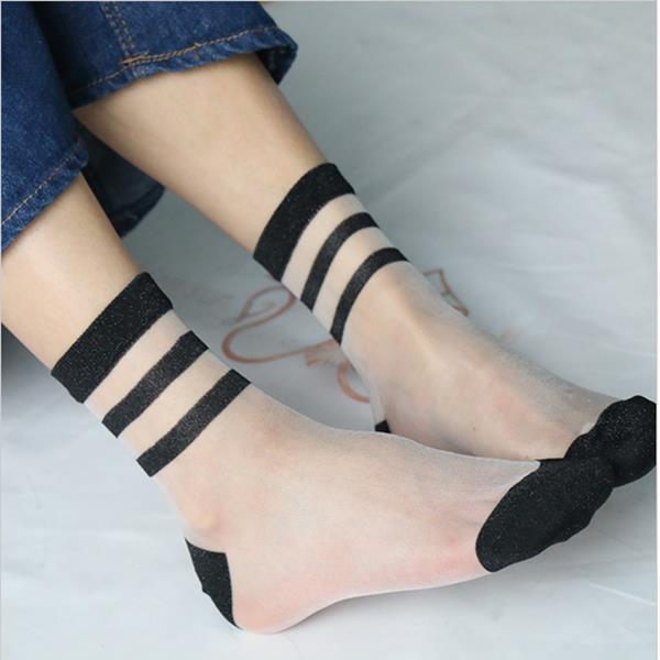 

1 Pair Women Girls Transparent Socks Stripes Summer Crystal Lace Ultra-Thin Ankle Socks