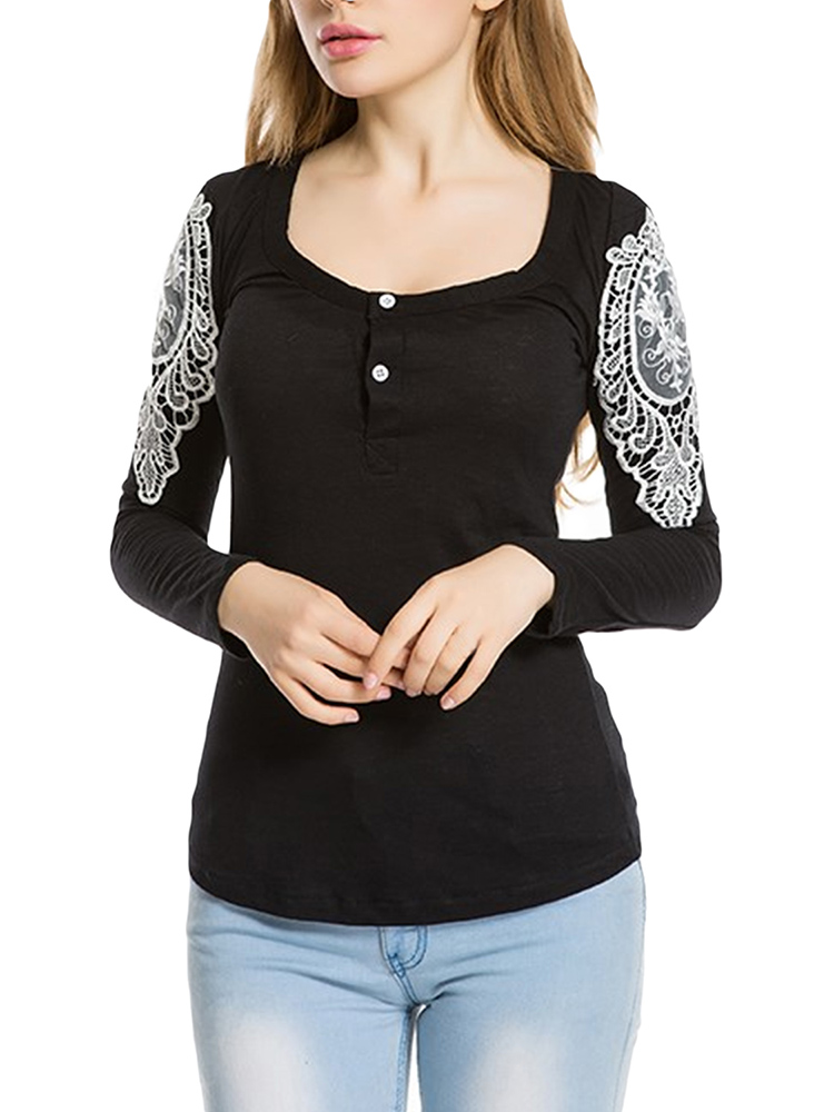 Lace Patchwork Button Women T-Shirt
