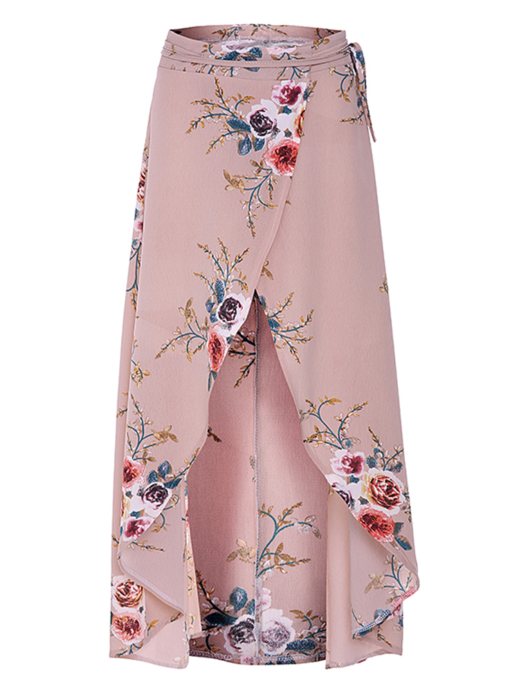 Summer Floral Printed Irregular Split Hem Women Skirts