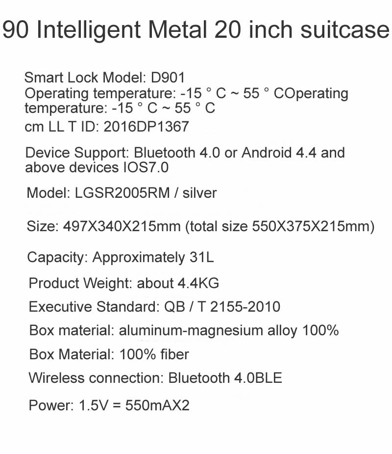 20 Inch Original Xiaomi 90 Smart Bluetooth 4.0 Metal Luggage Travel Suitcase Universal Wheel Trolley Case