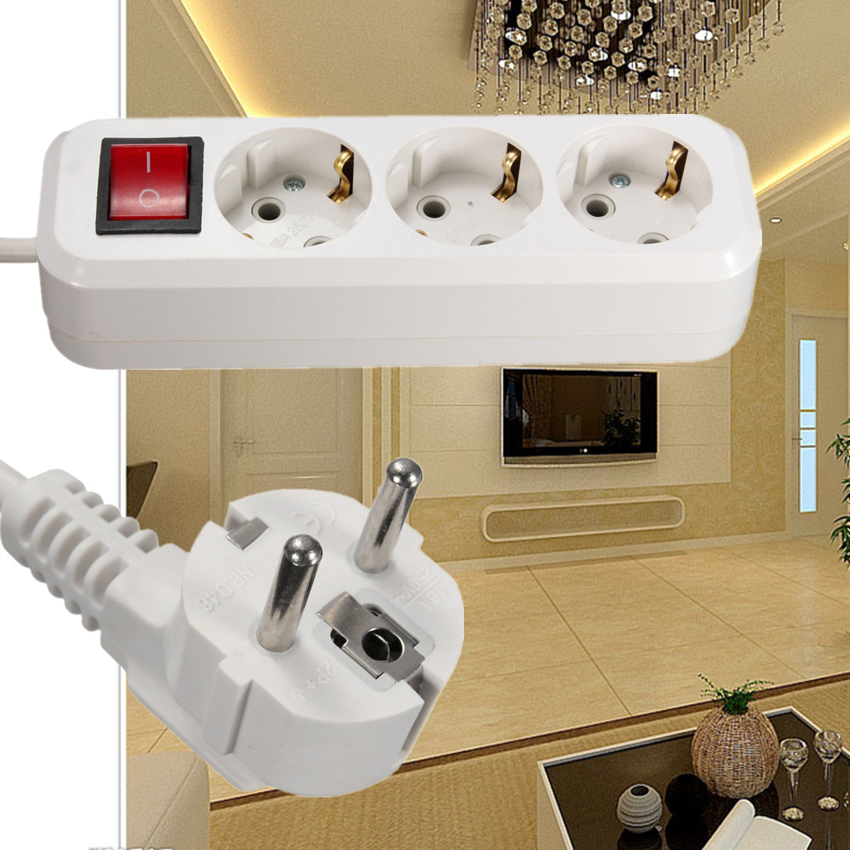 

EU Plug10A 250V 3 Outlet Power Extension Cable Wall Socket Mains Lead Plug Strip Adapter