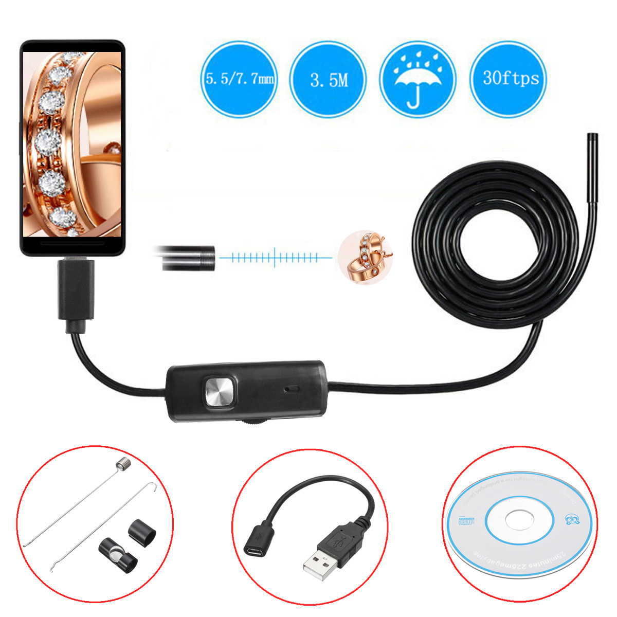 

5.5/7mm 6 LED Len 3.5m Micro USB OTG Endoscope Waterproof Inspection Camera Borescope For Android PC