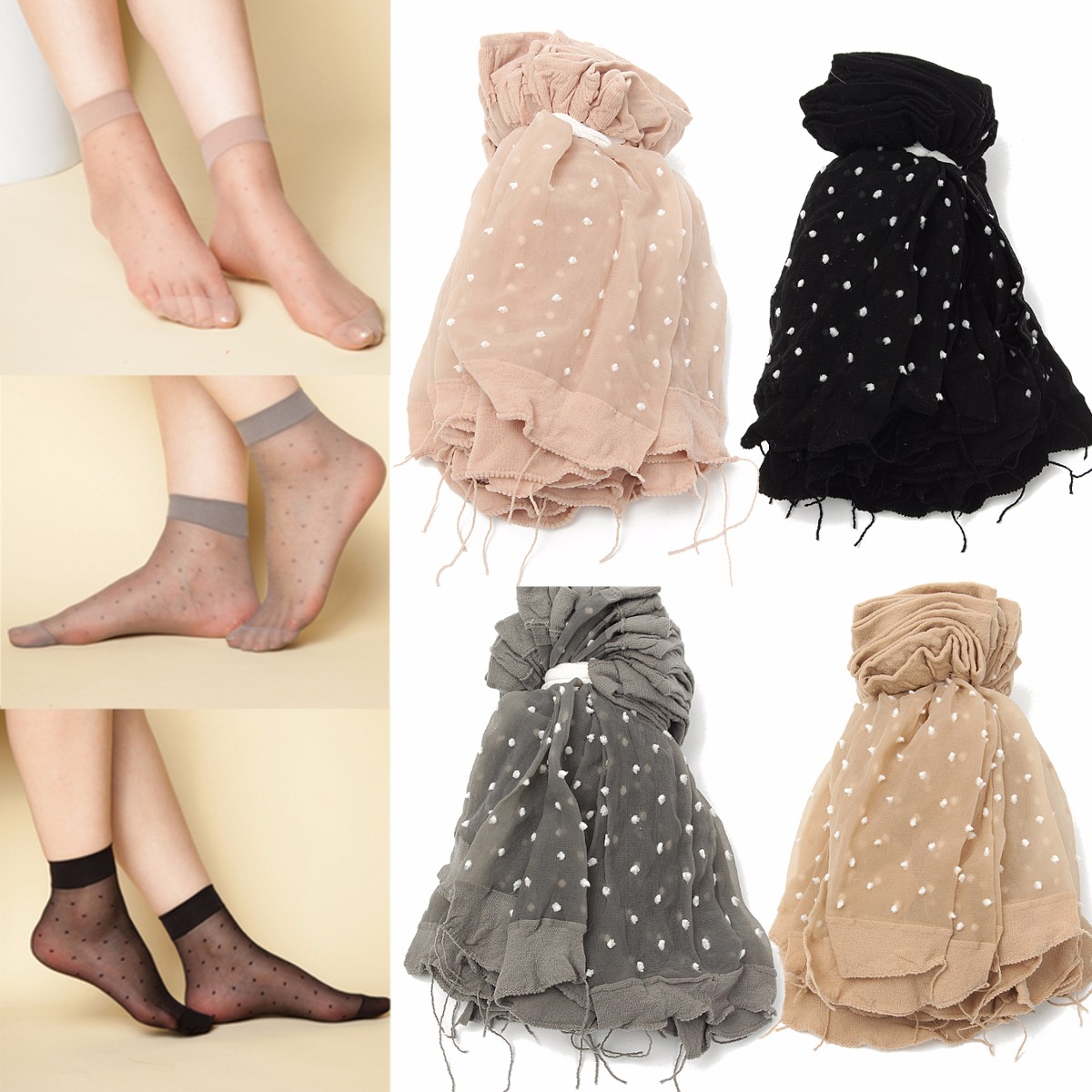 

10Pairs Women Girls Transparent Polka Dot Socks Lace Ultra-thin Fiber Sheer Ankle Hosiery