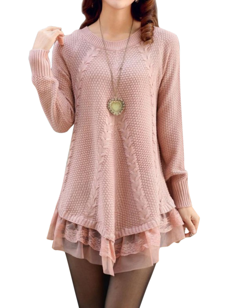 

Elegant Women Long Sleeve Lace Stitching Pure Color Knitted Sweaters