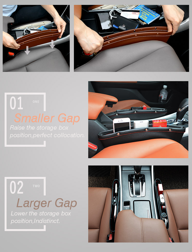 2Pcs PU Leather Car Seat Gap Slit Pocket Storage Catch Catcher Box Caddy