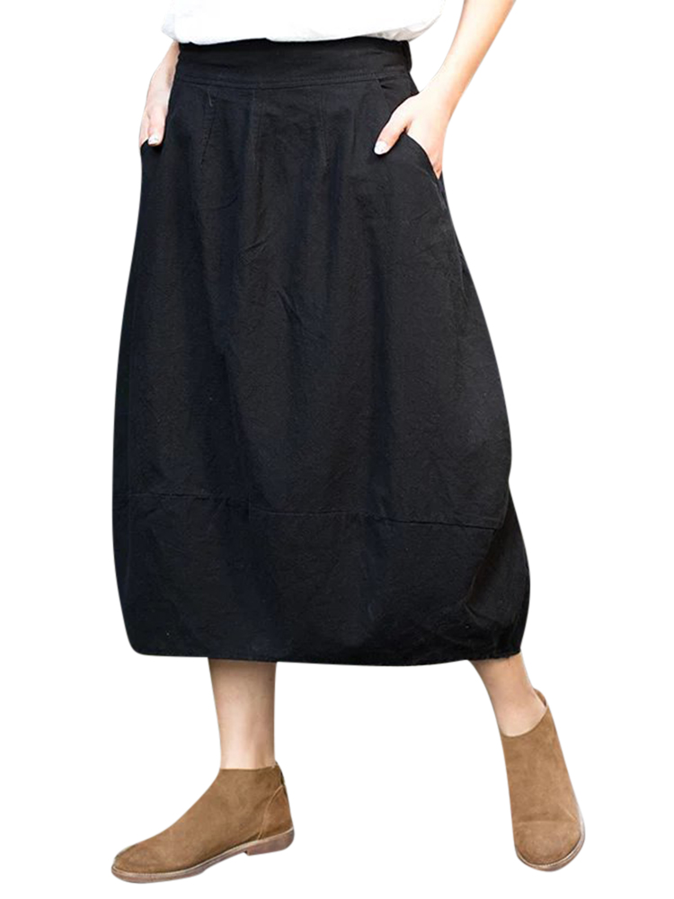 Retro Women Elastic Waist Pure Color Pocket A-Line Lantern Skirts at ...