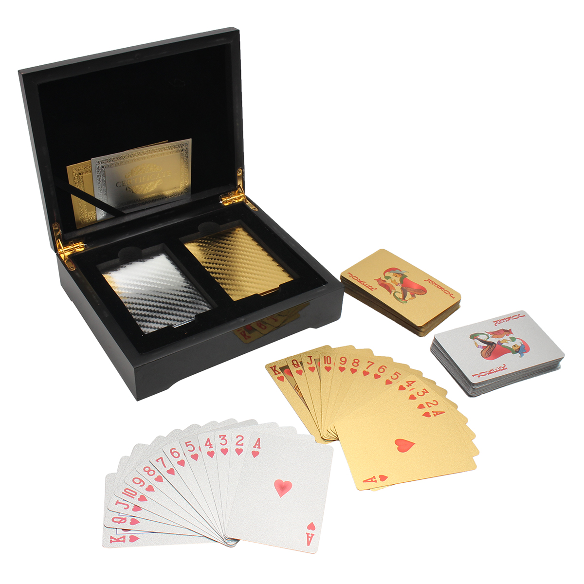 

24k Gold / Silver Foil Playing Cards 2 Deck Poker Brown Wooden Box Gifts Game Casino