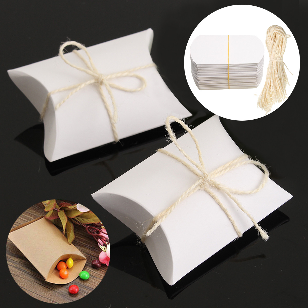 

50Pcs White Pillow Favor Candy Boxes Kraft Paper Gift Box Wedding Party Birthday Gift Packing Bags