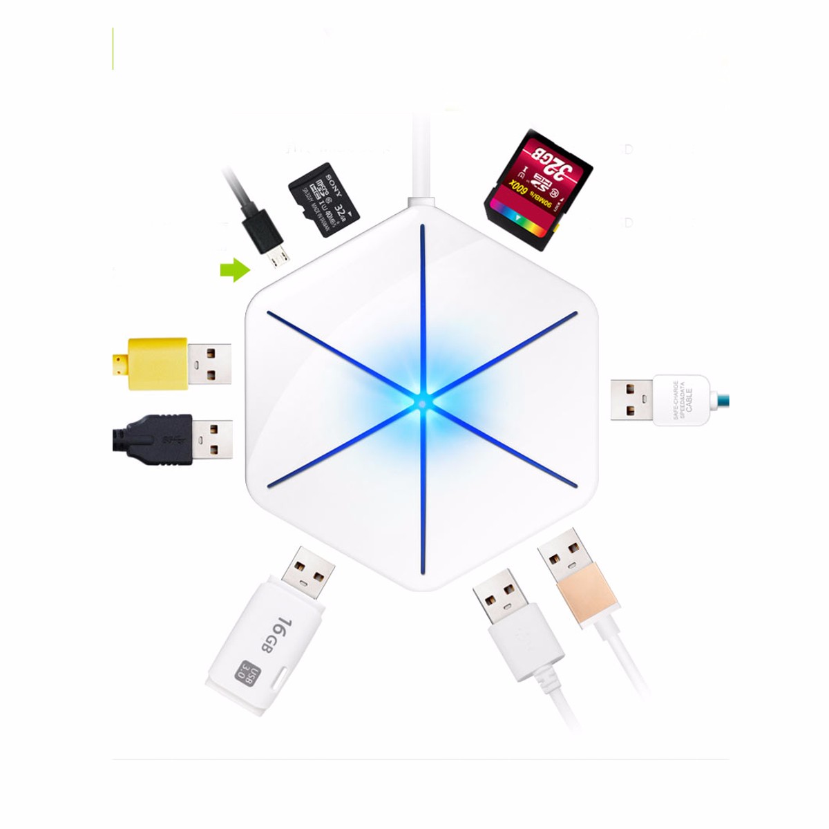 

Ultrathin Snowflake Shape LED lamp 6 USB 3.0/2.0 Ports Hub With SD TF Card Reader