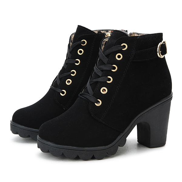 Round Toe Thick High Heel Lace-up Women Boots - US$24.49