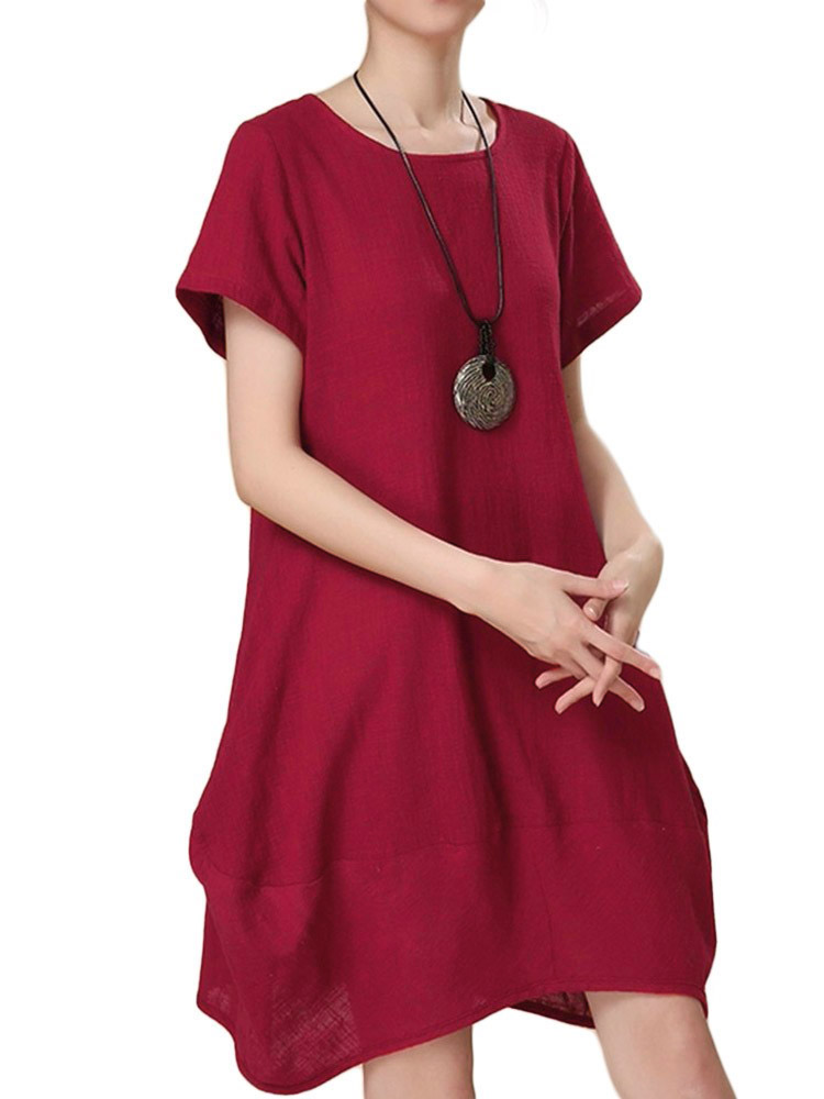 L-5XL Casual Women Pure Color Patchwork High Low Cotton Dress at Banggood