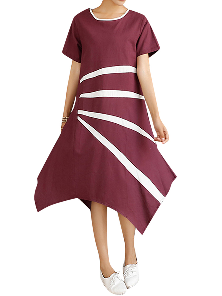 

Loose Women Stripe Asymmetric Hem Cotton Linen Dress