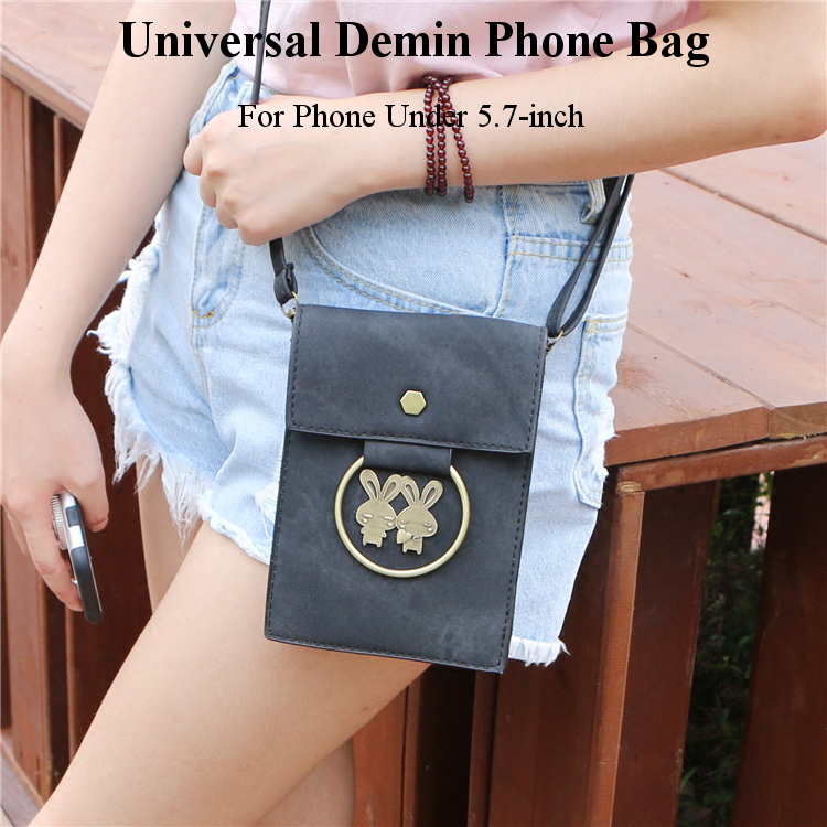 Universal Multi-layer Denim Copper Ring Rabbit Messenger Bag Phone Wallet for Phone Under 5.7-inch