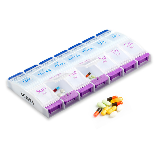 

KCASA KC-JS1408 Weekly Travel Pill Box Organizer Push Button Portable Am Pm Tablets Holder
