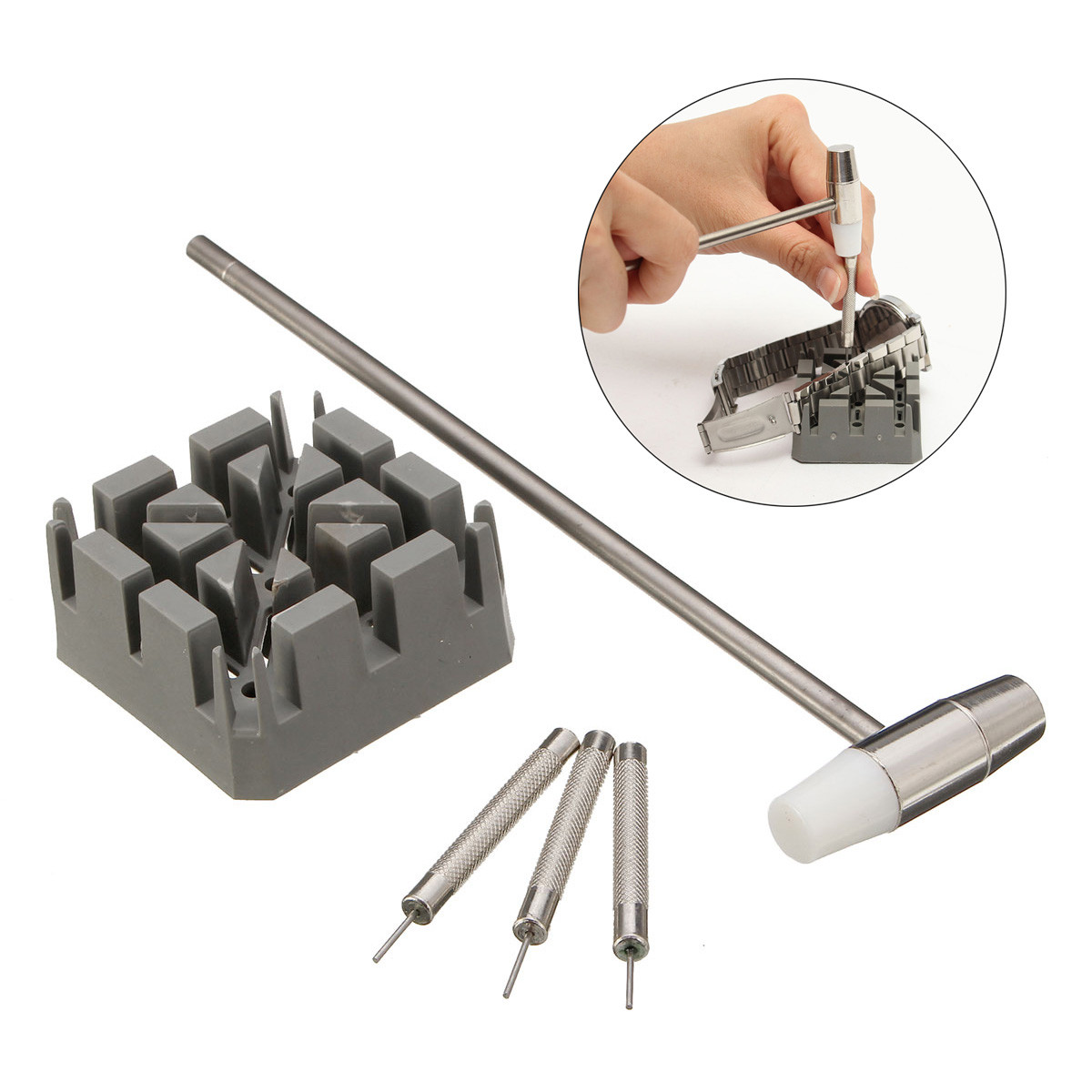 

5Pcs Watch Band Strap Holder Hammer Punch Link Pins Remover Repair Tool Kit Set