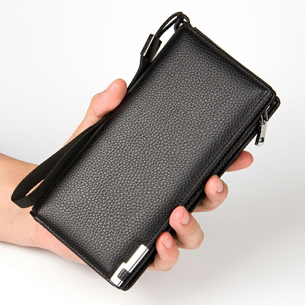 LINNUO Mens Clutch Bags Handbag Business Checkbook PU Leather Bag Card Holder Large Wallet Purse Black,26 * 18 * 3cm