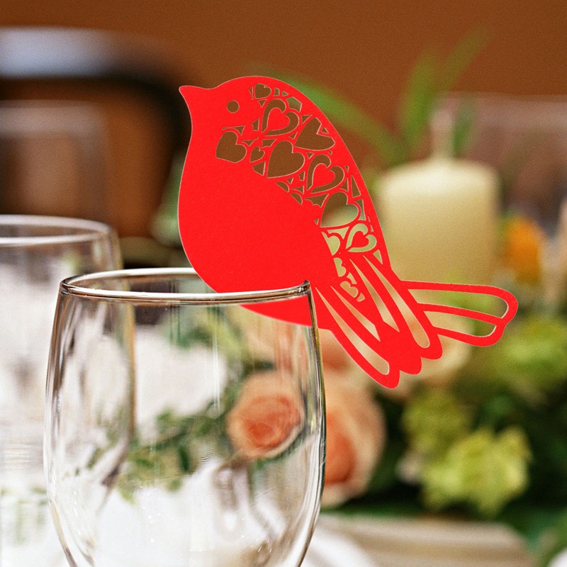 

50Pcs Robin Bird Wedding Name Place Cards Wine Glass Laser Cut Pearlescent Card Party Accessories