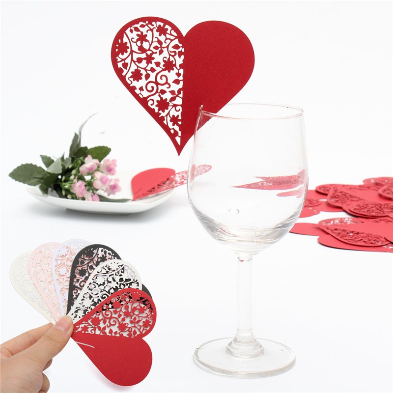 

50Pcs Heart Laser Cut Pearlescent Paper Wedding Name Place Cards Wine Glass Party Accessories