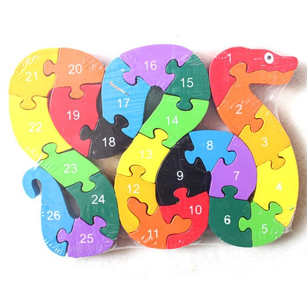 Wooden Block Toys Alphabet & Numbers Building Jigsaw Puzzle Snake Shape Kids Toy 