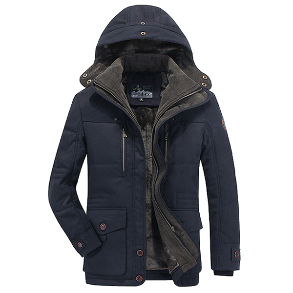 Mens Thick Fleece Winter Coat Hooded Outdoor Solid Color Jacket at Banggood