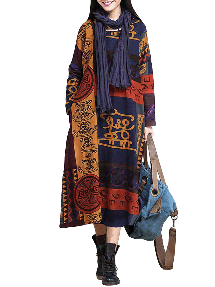 

O-NEWE L-5XL Women Ethnic Style Printing Maxi Dress